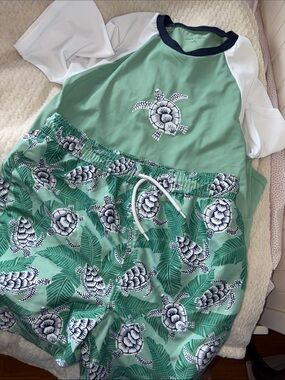 Janie and Jack Mint Green Turtle Print Rash Guard and Swim Trunks
